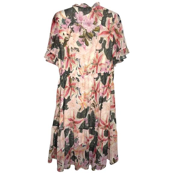 Estelle Women's Plus Size Wrap Dress Lily Print Size 1X 16W Pink Ruffle - Picture 2 of 10